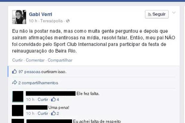 Filha de Dunga afirma que o pai não foi convidado para a festa do Beira-Rio Reprodução/Facebook/ Filha de Dunga afirma que o pai não foi convidado para a festa do Beira-Rio Reprodução/Facebook/