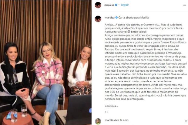 Maraisa publica carta aberta a Marília Mendonça: ¿Sinto muito a sua falta¿ Instagram/@maraisa / Reprodução/Reprodução