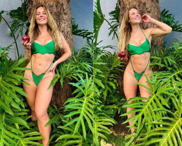 "Uma Eva dessas": Paolla Oliveira posa de maiô verde segurando maçã na mão e é elogiada nas redes @paollaoliveirareal Instagram / Reprodução/Reprodução