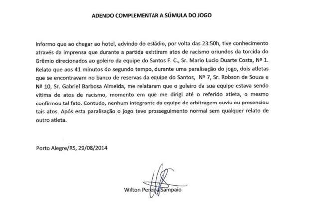 Em adendo à súmula, árbitro diz que não ouviu ou presenciou atos racistas na Arena